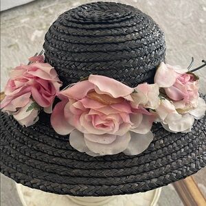 Vintage Women’s/ Girls Black Straw Hat with Pink Millinery Flowers